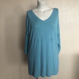 Soft Surroundings Ribbed Tunic Knit V-Neck Top Size L Blue